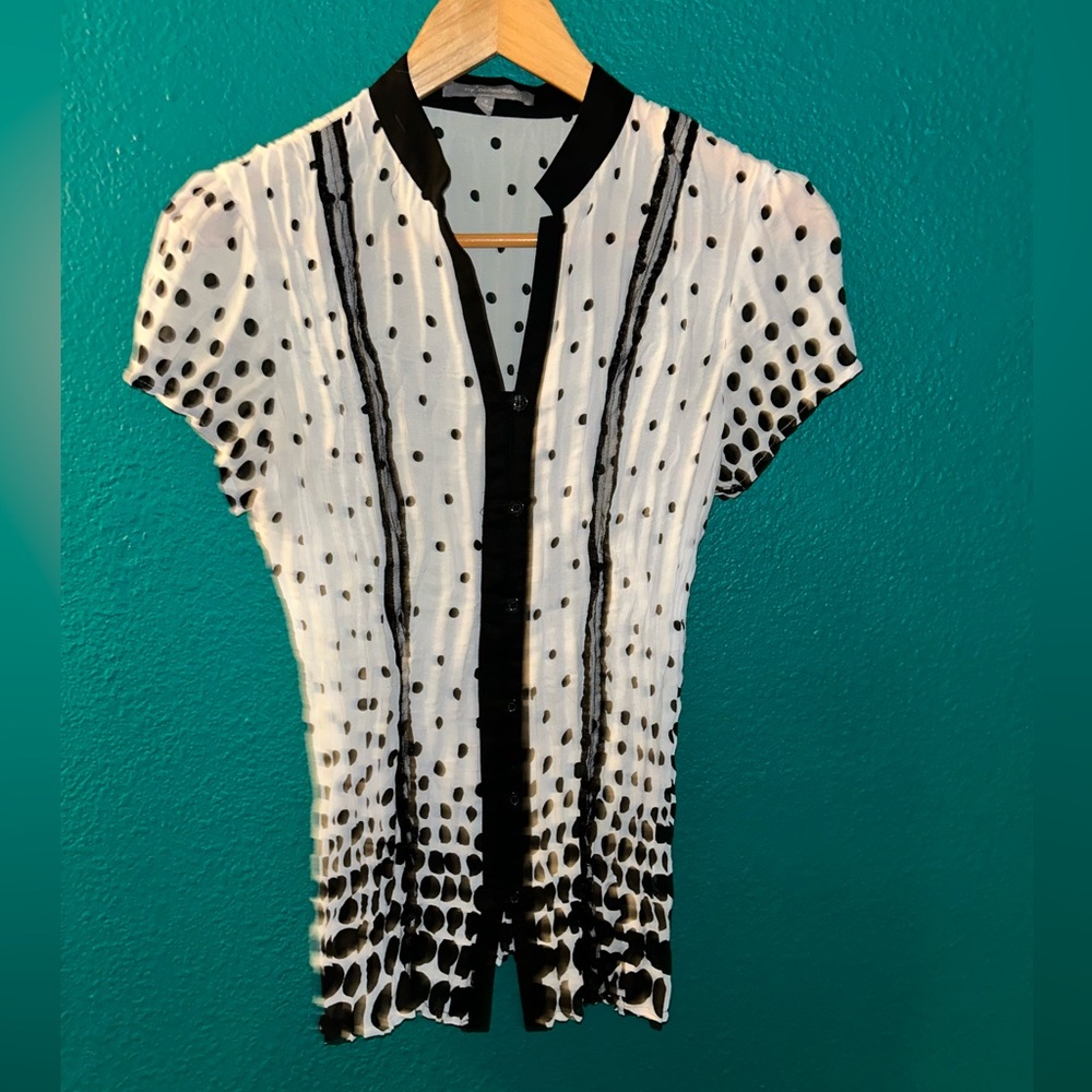 NY collection size small sheer polkadot, black, and white button up shirt